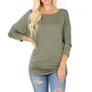 Light Olive Green 3/4 Sleeve Shirred Dolman Shirt